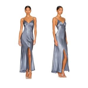 Shona Joy Silver Satin Slip Maxi Dress with Front Slit